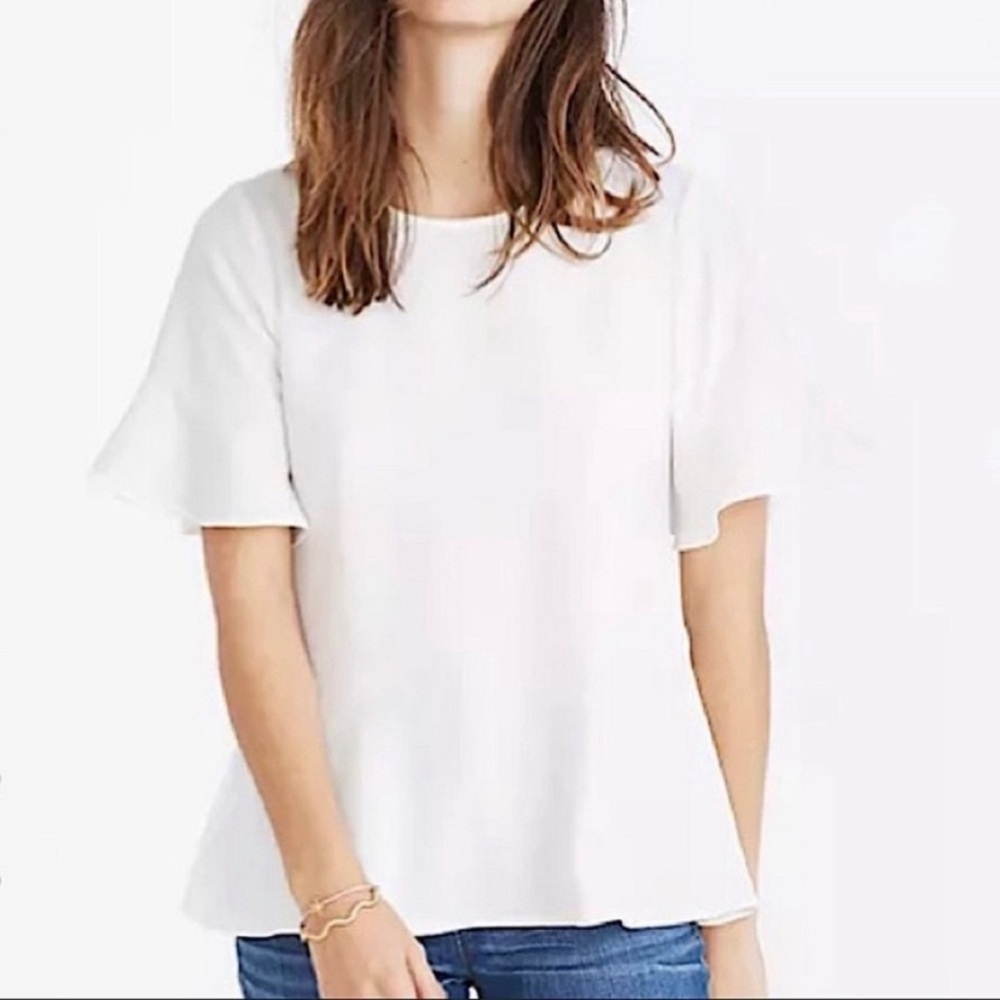 Madewell White Crepe Flare Hem Ruffle Sleeve White Shirt Sleeve Tee Top